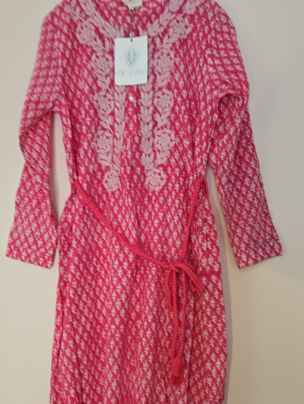 Pink Block Print Tie-Waist Dress with Cream Embroidery Sz.Lg.